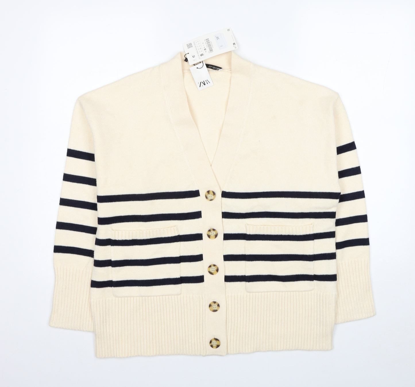 Zara Womens Ivory V-Neck Polka Dot Viscose Cardigan Jumper Size S