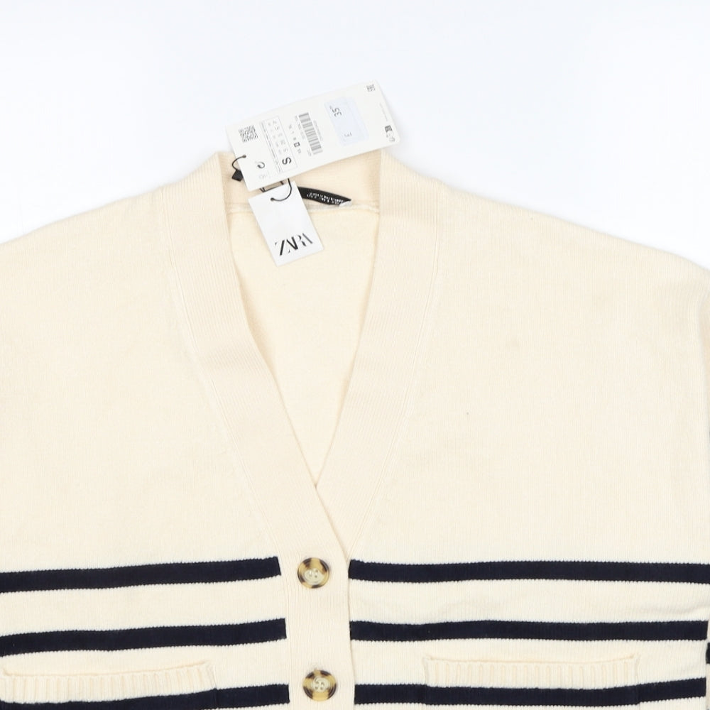 Zara Womens Ivory V-Neck Polka Dot Viscose Cardigan Jumper Size S