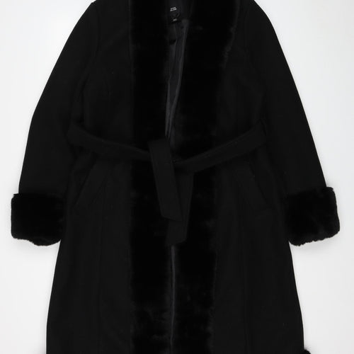River Island Womens Black Overcoat Coat Size 14 Tie