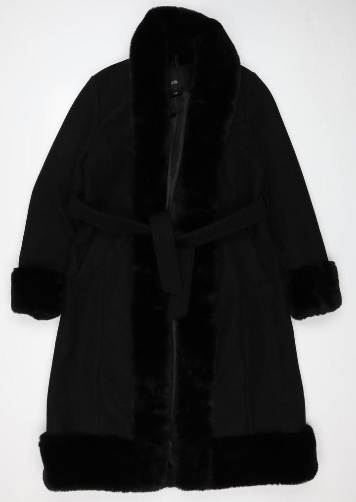 River Island Womens Black Overcoat Coat Size 14 Tie