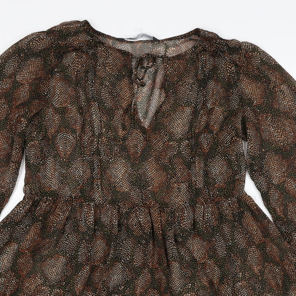 Zara Womens Brown Geometric Polyester Fit & Flare Size XS Round Neck Pullover