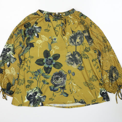 NEXT Womens Yellow Floral Polyester Basic Blouse Size 8 V-Neck - Tie Neck