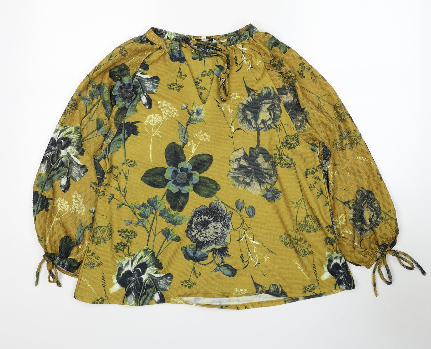 NEXT Womens Yellow Floral Polyester Basic Blouse Size 8 V-Neck - Tie Neck