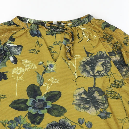 NEXT Womens Yellow Floral Polyester Basic Blouse Size 8 V-Neck - Tie Neck