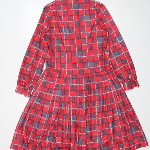DL Barron Womens Red Check Polyester Skater Dress Size 14 Roll Neck Button
