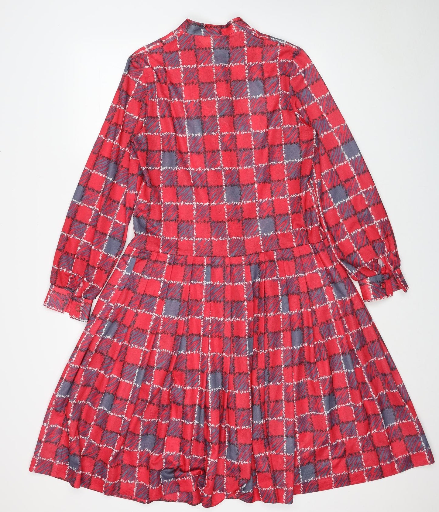 DL Barron Womens Red Check Polyester Skater Dress Size 14 Roll Neck Button
