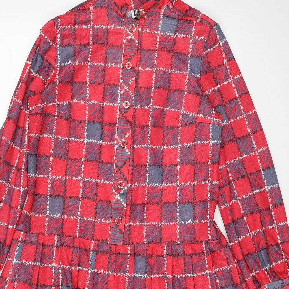 DL Barron Womens Red Check Polyester Skater Dress Size 14 Roll Neck Button