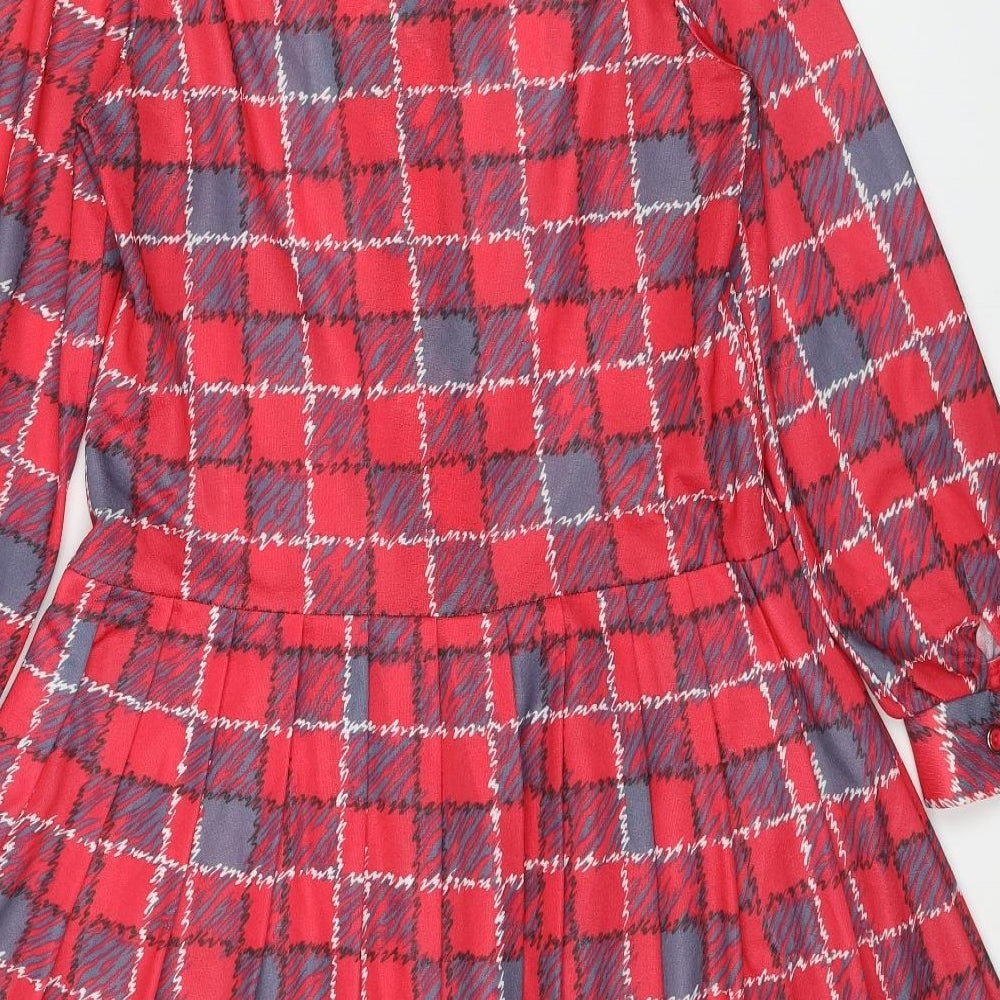 DL Barron Womens Red Check Polyester Skater Dress Size 14 Roll Neck Button