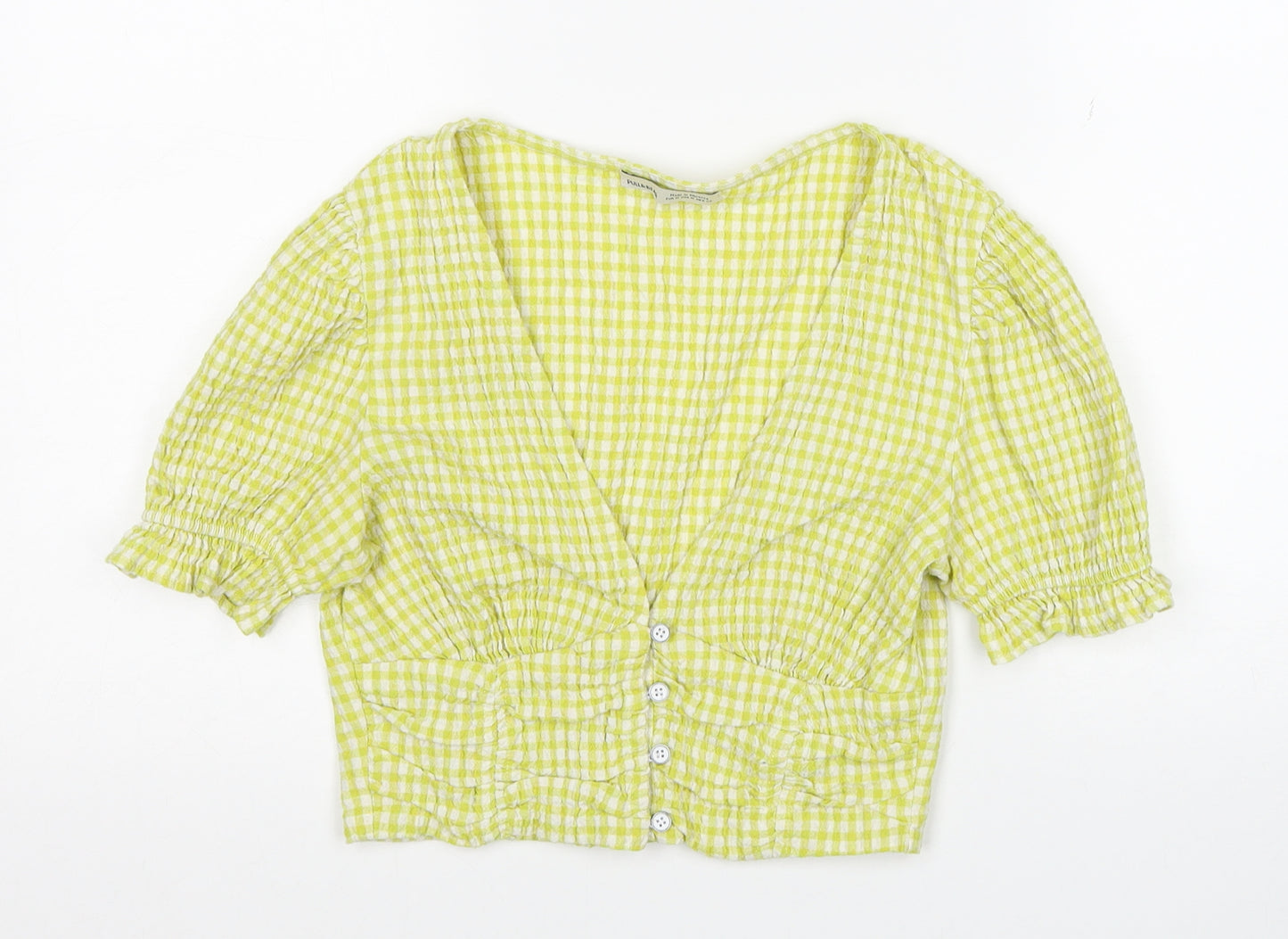 Pull&Bear Womens Yellow Check Cotton Cropped Blouse Size M V-Neck