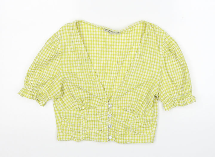 Pull&Bear Womens Yellow Check Cotton Cropped Blouse Size M V-Neck
