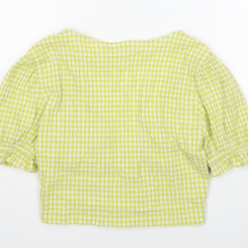 Pull&Bear Womens Yellow Check Cotton Cropped Blouse Size M V-Neck