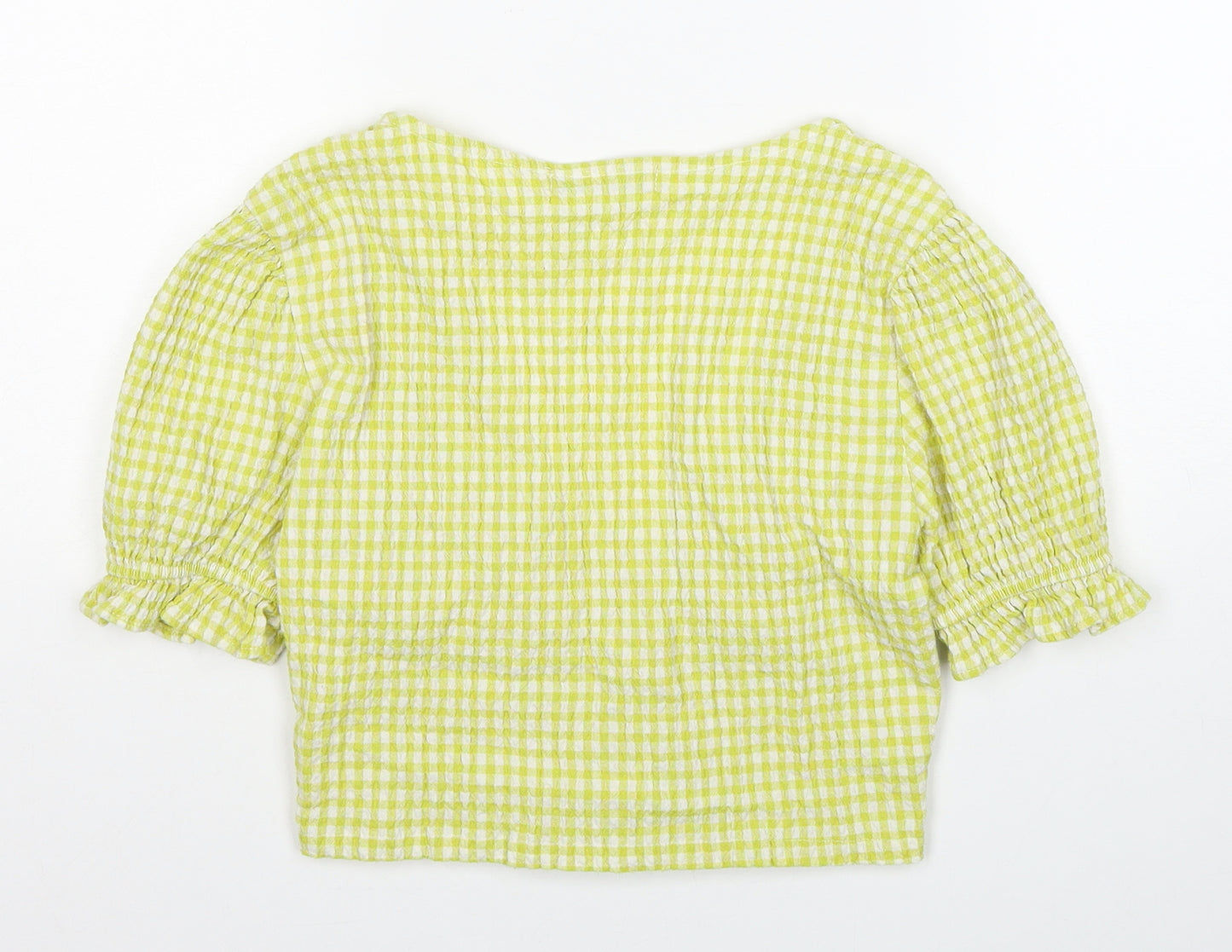 Pull&Bear Womens Yellow Check Cotton Cropped Blouse Size M V-Neck