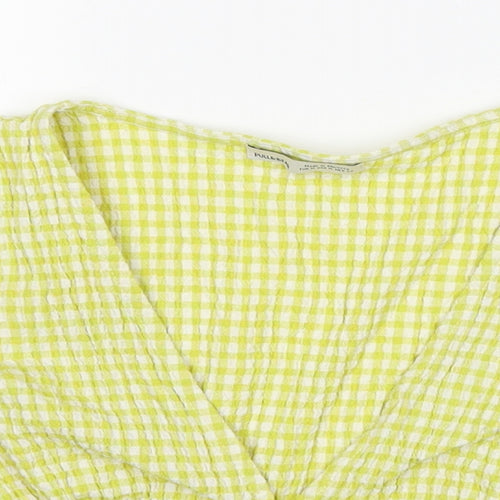 Pull&Bear Womens Yellow Check Cotton Cropped Blouse Size M V-Neck