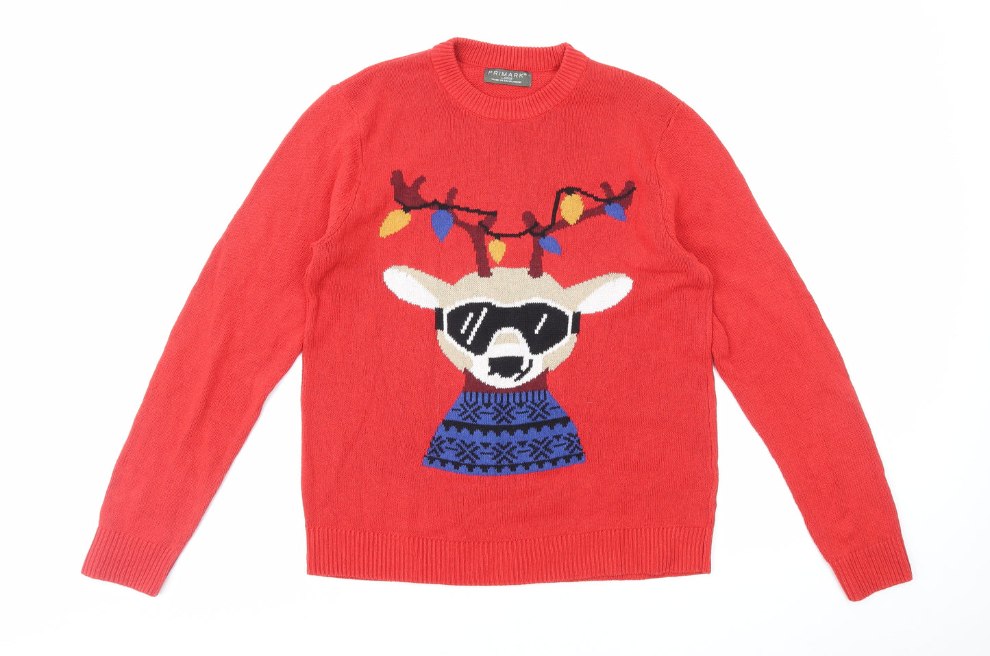 Primark Mens Red Round Neck Cotton Pullover Jumper Size L - Reindeer Christmas