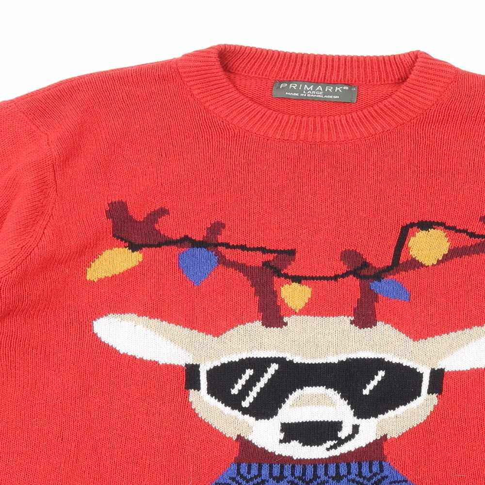 Primark Mens Red Round Neck Cotton Pullover Jumper Size L - Reindeer Christmas