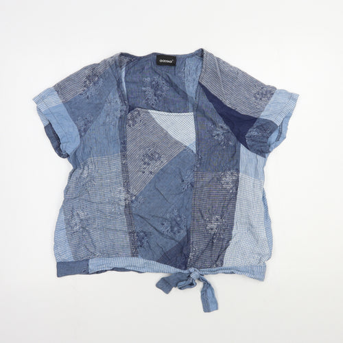 Godske Womens Blue Geometric Flax Basic Blouse Size 12 Square Neck - Knot Front