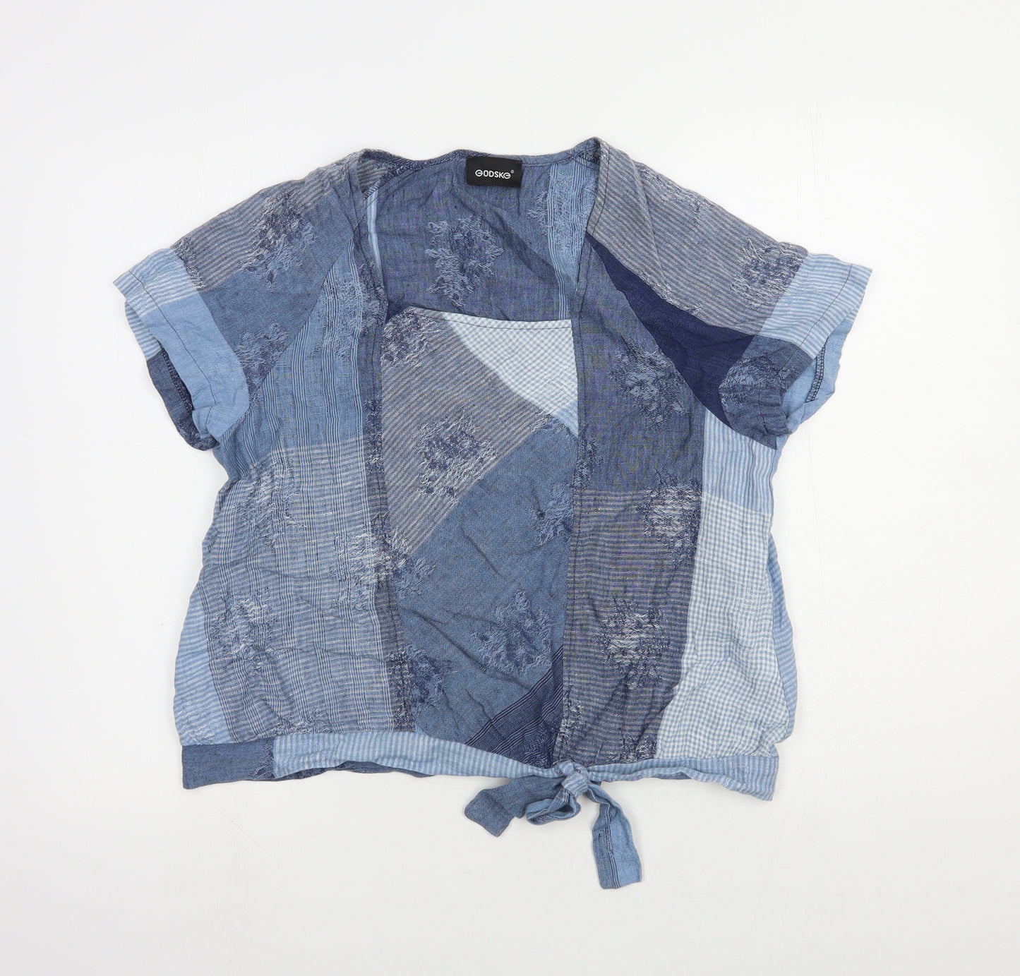 Godske Womens Blue Geometric Flax Basic Blouse Size 12 Square Neck - Knot Front