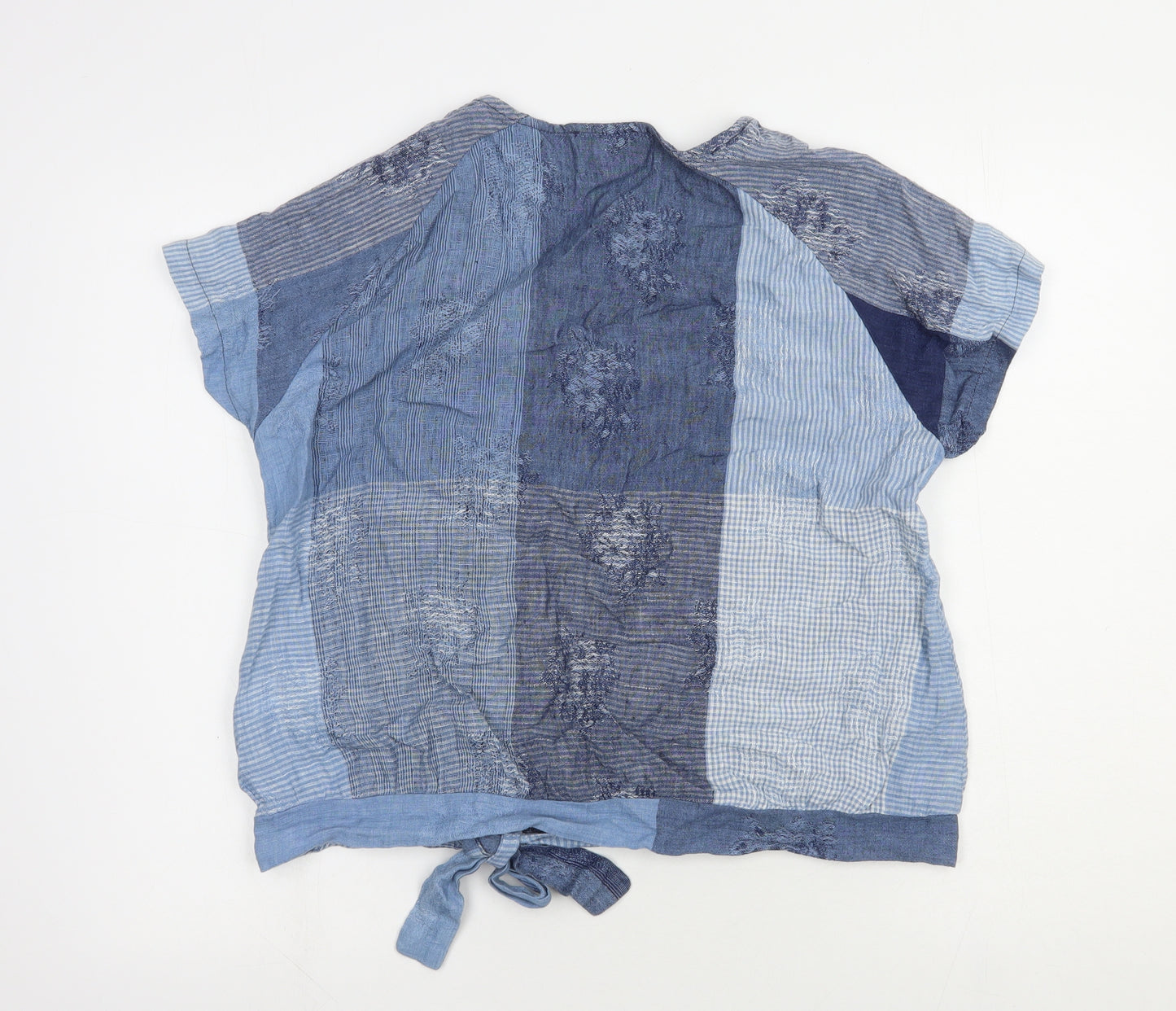 Godske Womens Blue Geometric Flax Basic Blouse Size 12 Square Neck - Knot Front