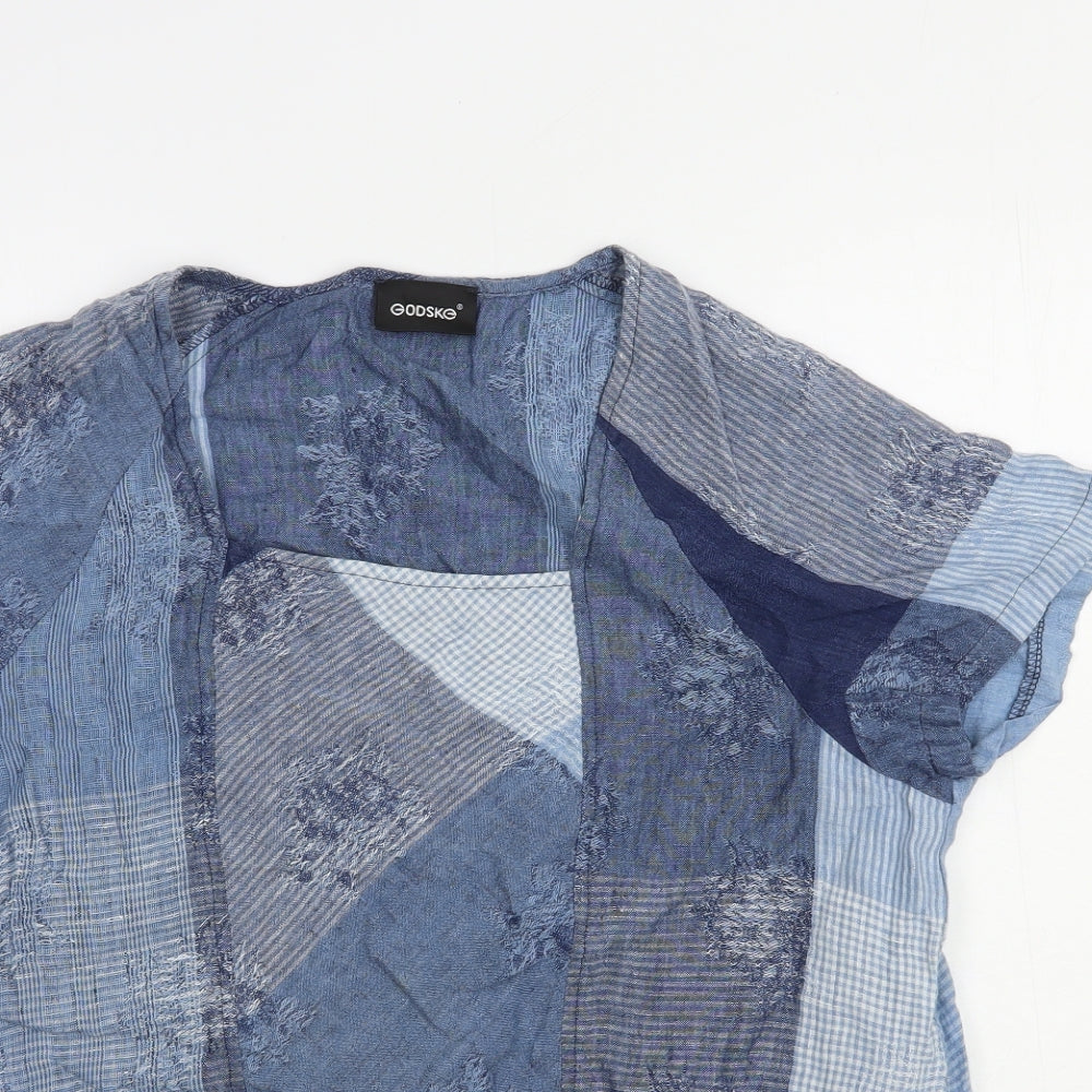 Godske Womens Blue Geometric Flax Basic Blouse Size 12 Square Neck - Knot Front