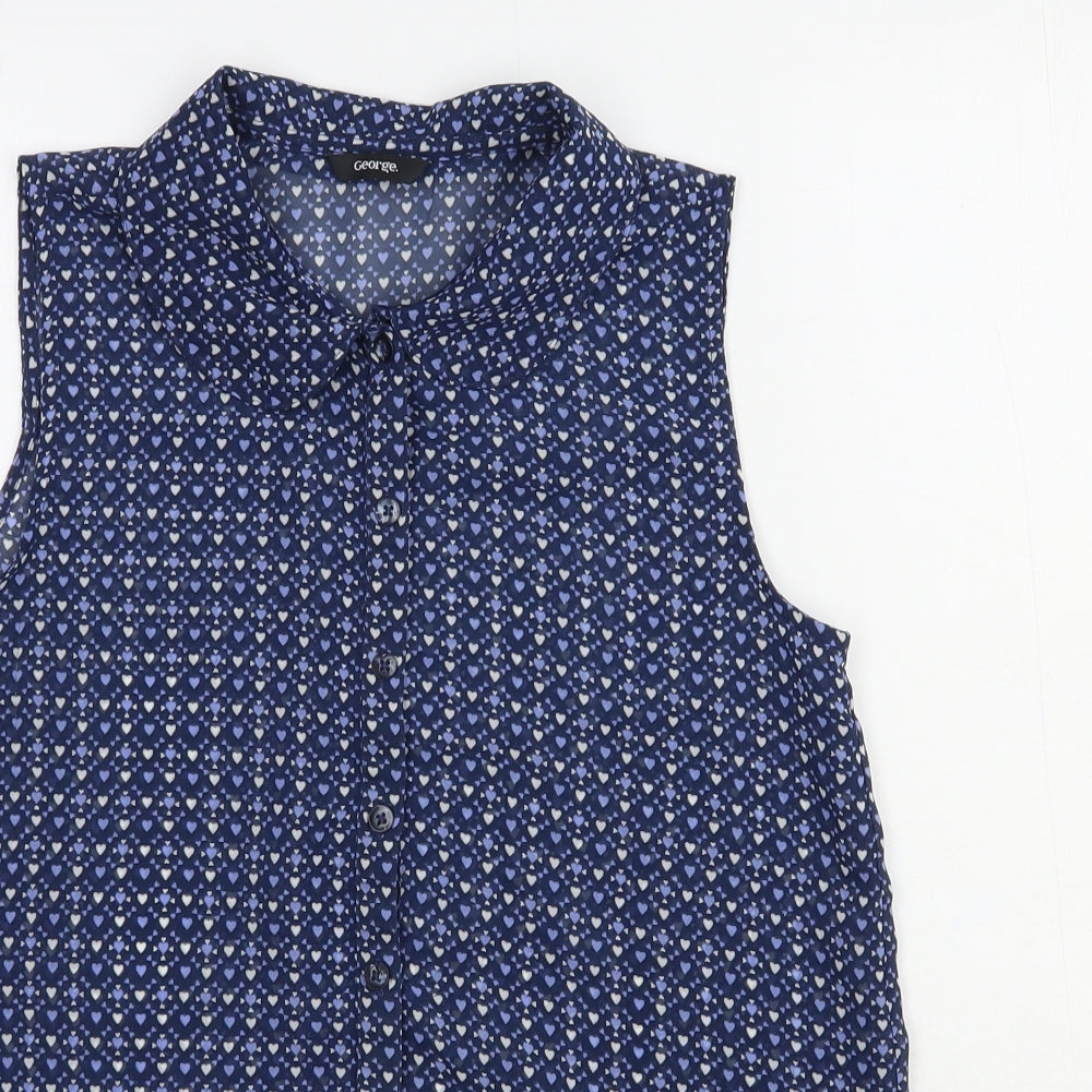 George Girls Blue Geometric Polyester Basic Button-Up Size 12-13 Years Collared Button - Heart Print