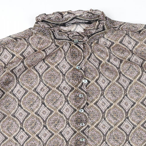 Zara Womens Multicoloured Geometric Polyester Basic Button-Up Size S Collared