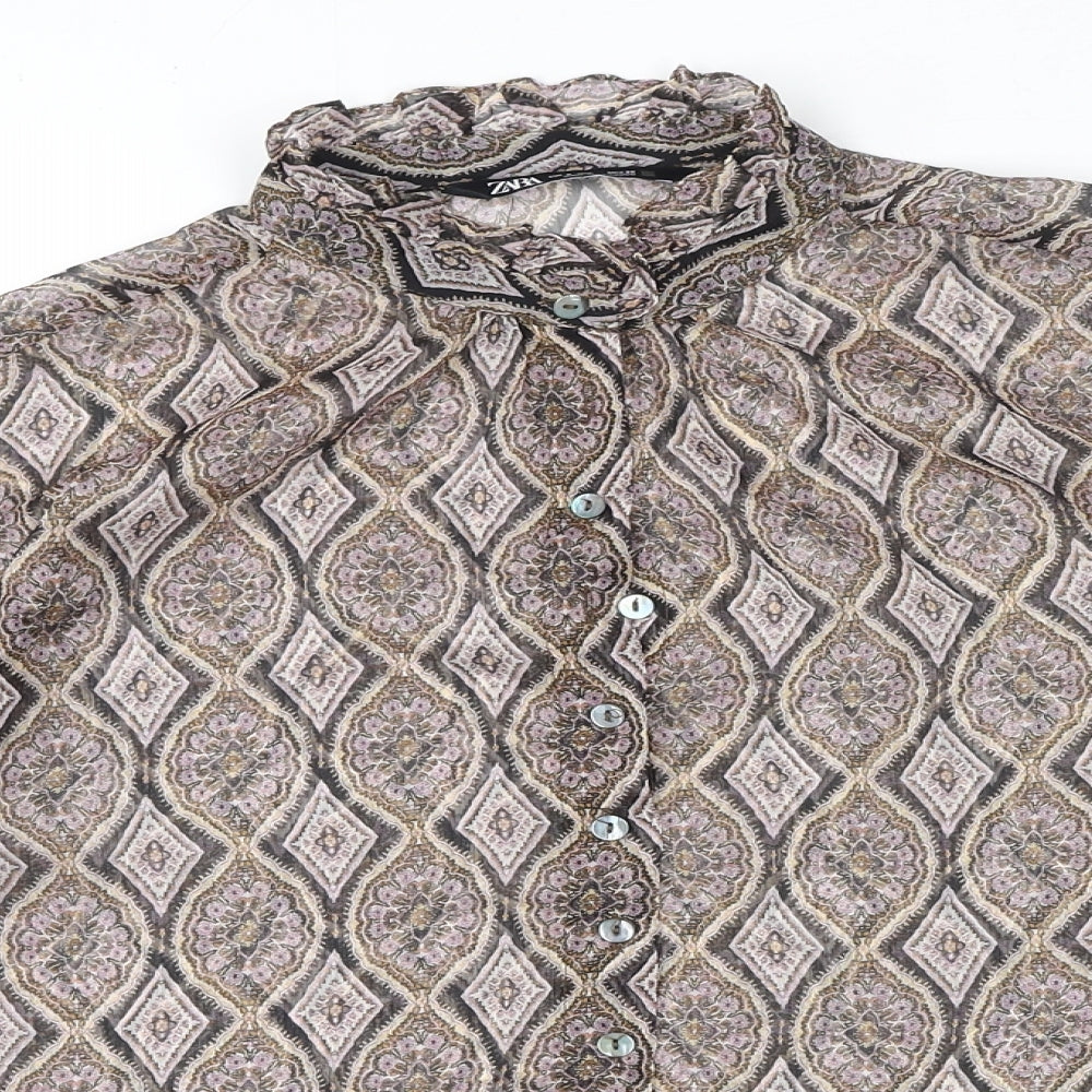 Zara Womens Multicoloured Geometric Polyester Basic Button-Up Size S Collared