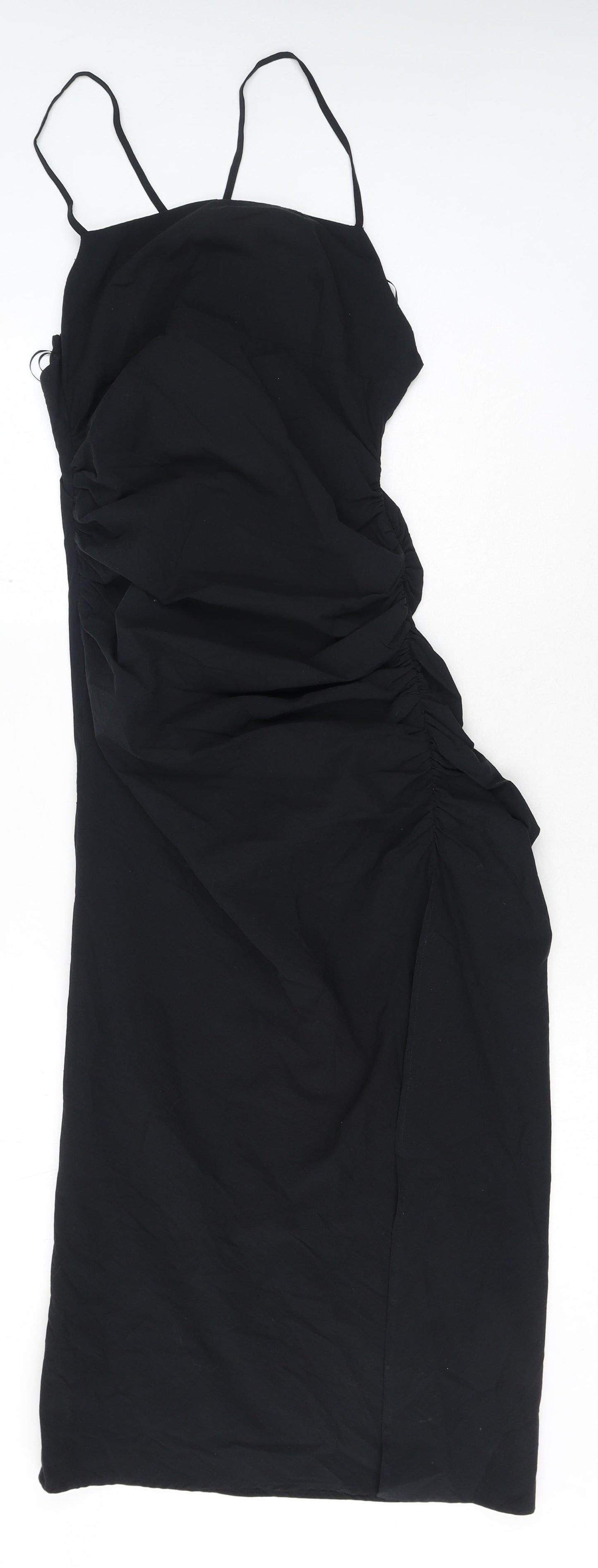 Zara Womens Black Herringbone Polyester Slip Dress Size M Square Neck Zip