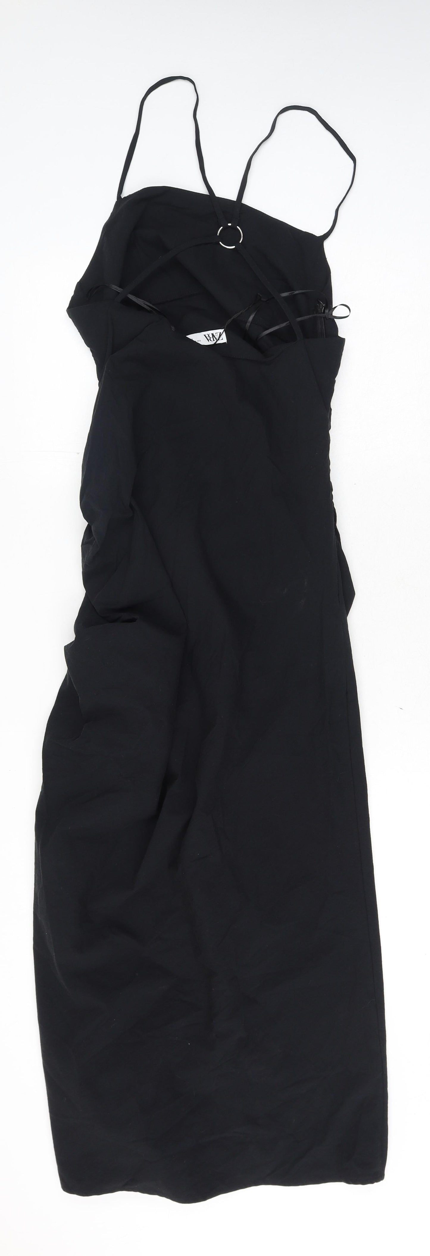 Zara Womens Black Herringbone Polyester Slip Dress Size M Square Neck Zip