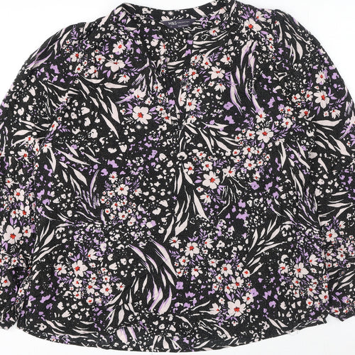 Marks and Spencer Womens Black Floral Viscose Basic Button-Up Size 12 V-Neck