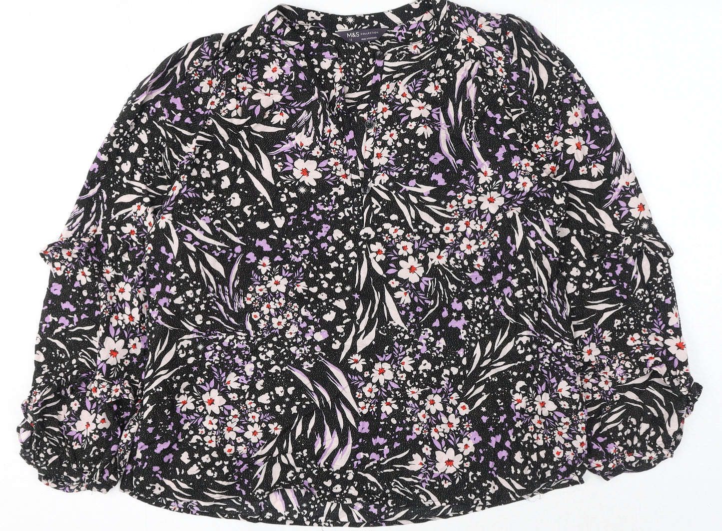 Marks and Spencer Womens Black Floral Viscose Basic Button-Up Size 12 V-Neck