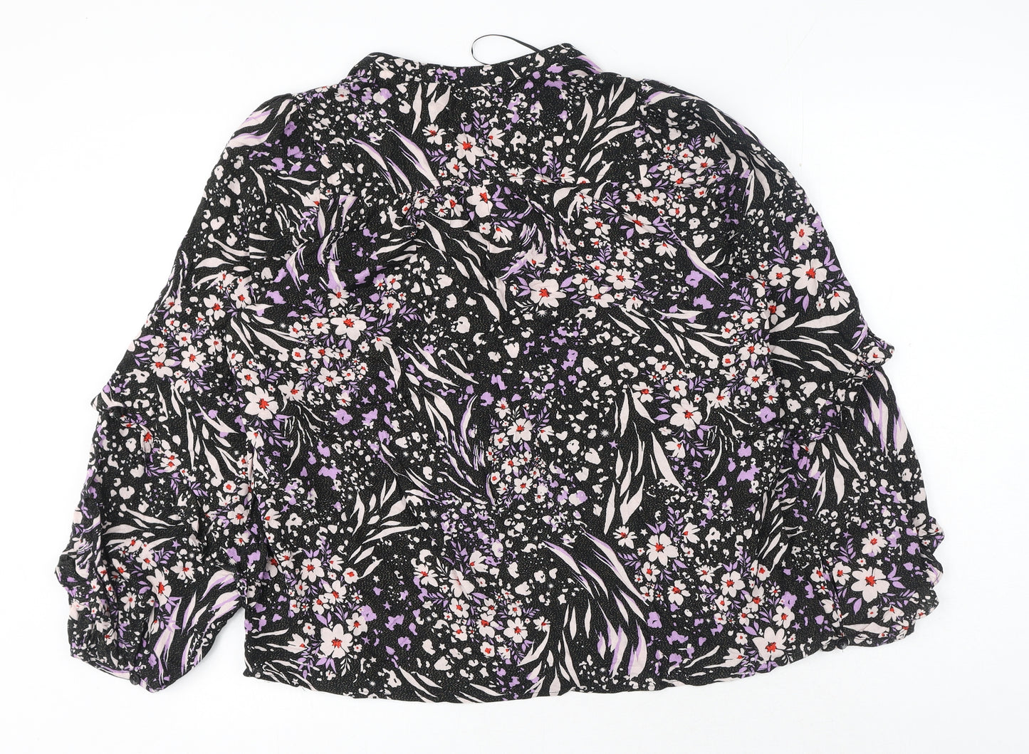 Marks and Spencer Womens Black Floral Viscose Basic Button-Up Size 12 V-Neck