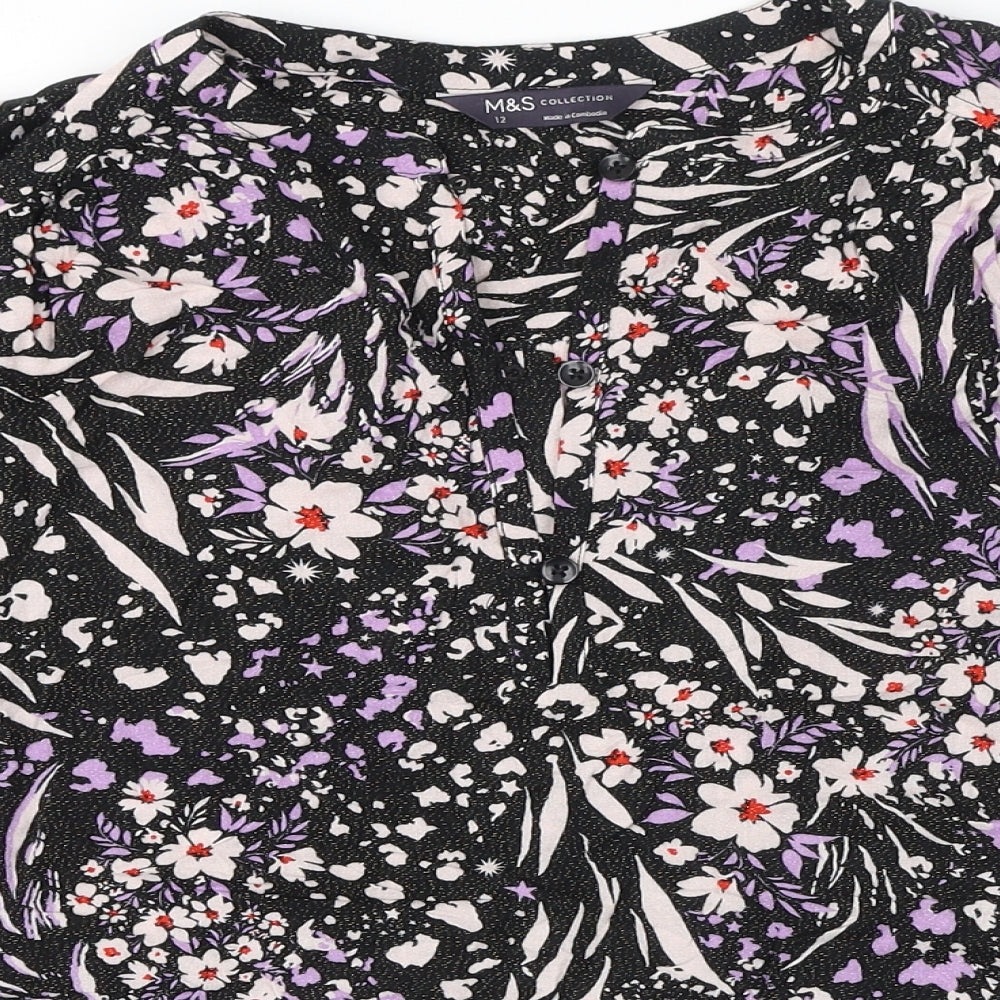 Marks and Spencer Womens Black Floral Viscose Basic Button-Up Size 12 V-Neck