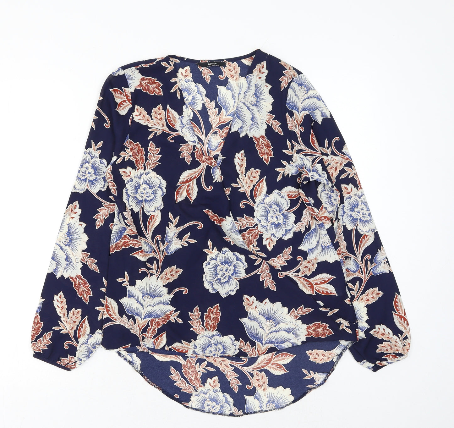 George Womens Blue Floral Polyester Wrap Blouse Size 10 V-Neck
