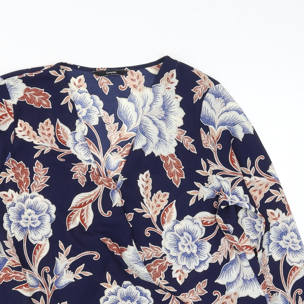 George Womens Blue Floral Polyester Wrap Blouse Size 10 V-Neck