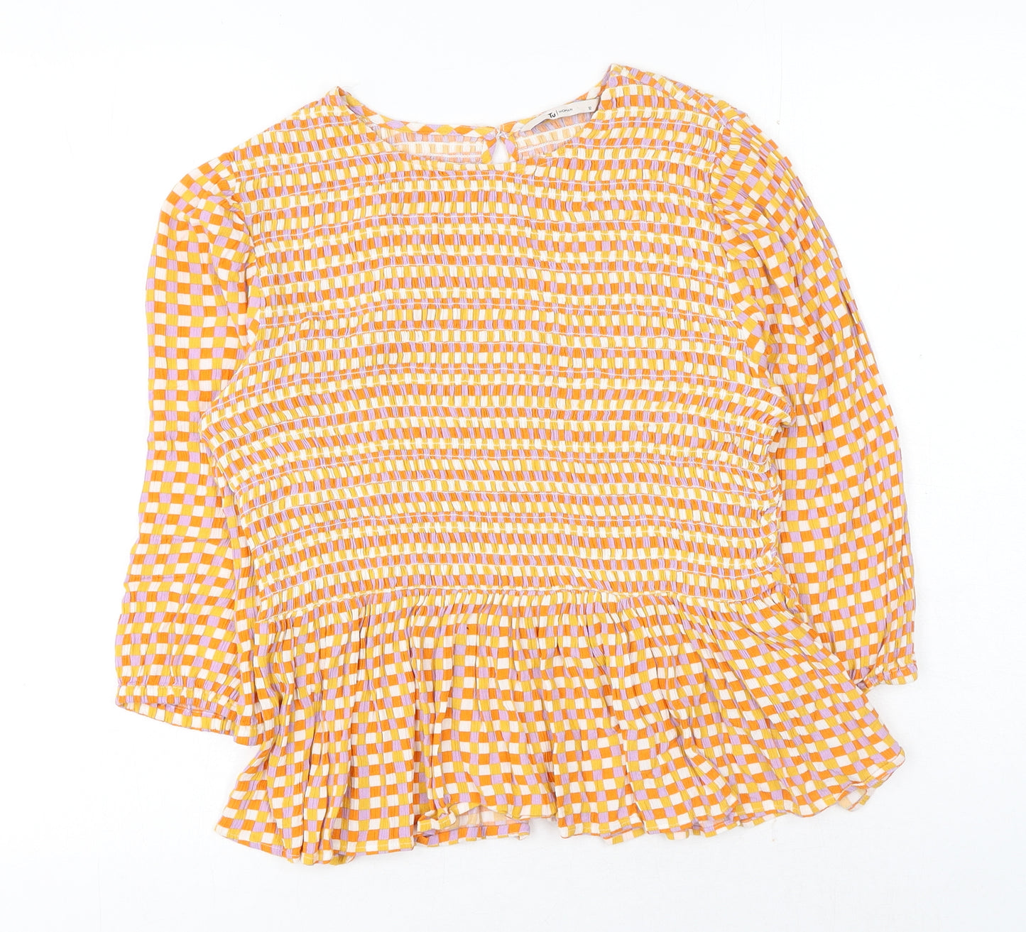 TU Womens Orange Geometric Viscose Basic Blouse Size 12 Round Neck - Peplum