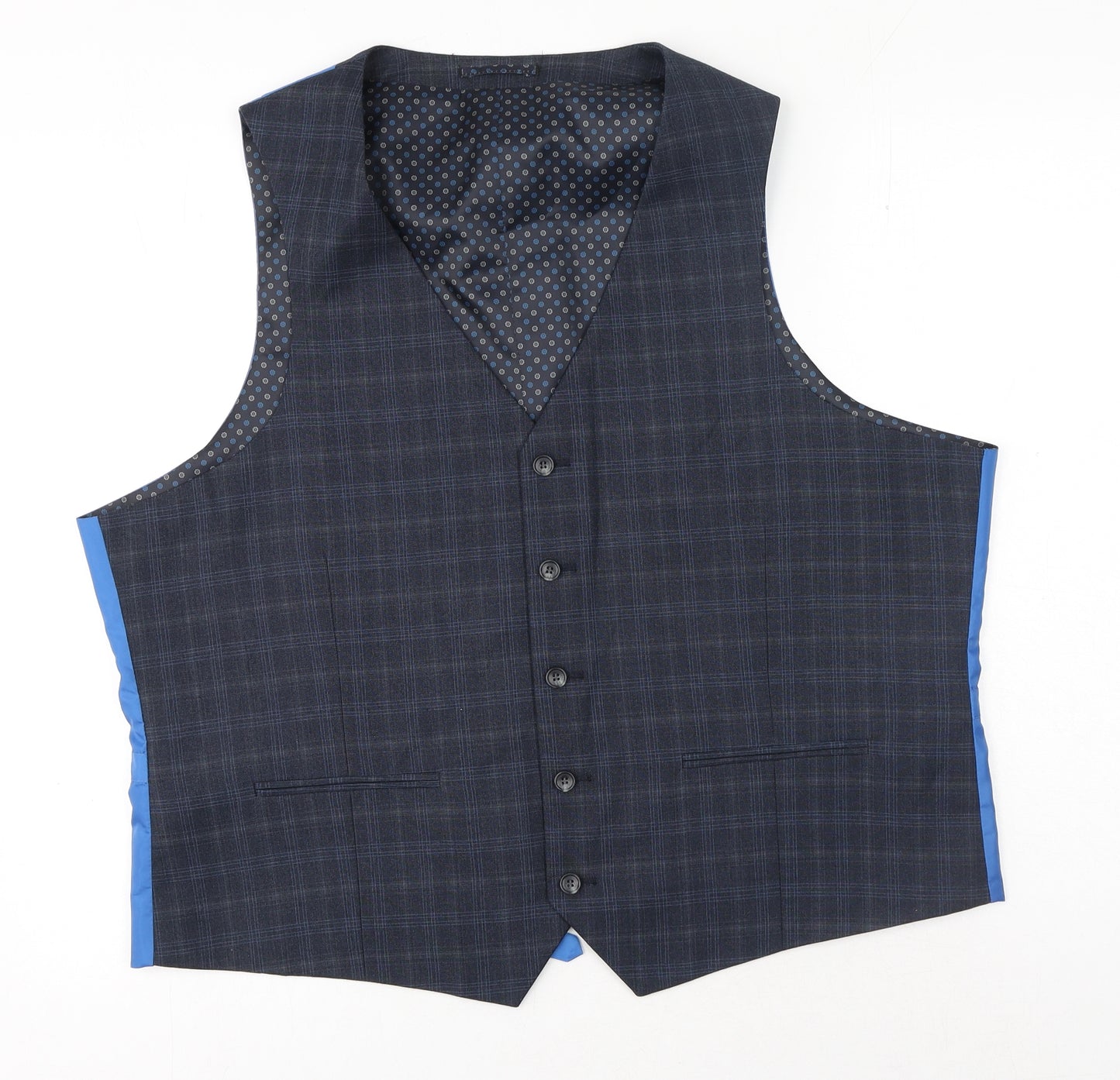 Preworn Mens Blue Plaid Polyester Jacket Suit Waistcoat Size 48