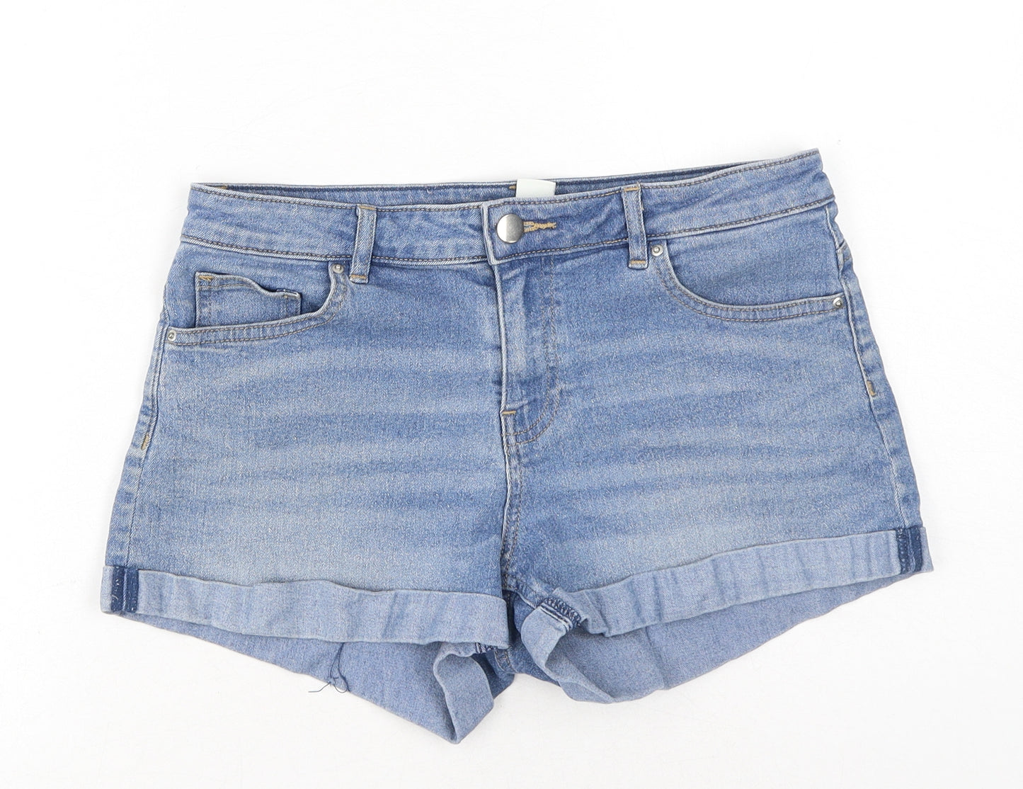 H&M Womens Blue Cotton Hot Pants Shorts Size 10 Regular Button