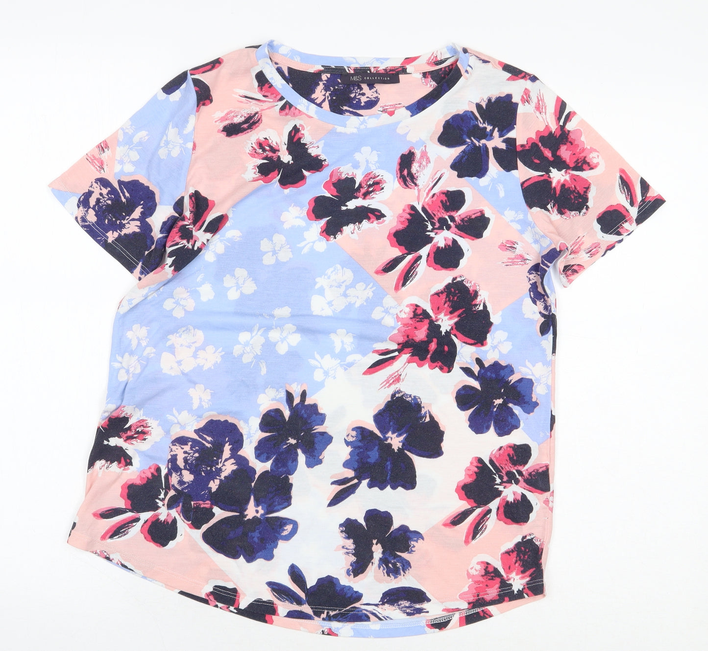 Marks and Spencer Womens Pink Floral Polyester Basic T-Shirt Size 10 Round Neck
