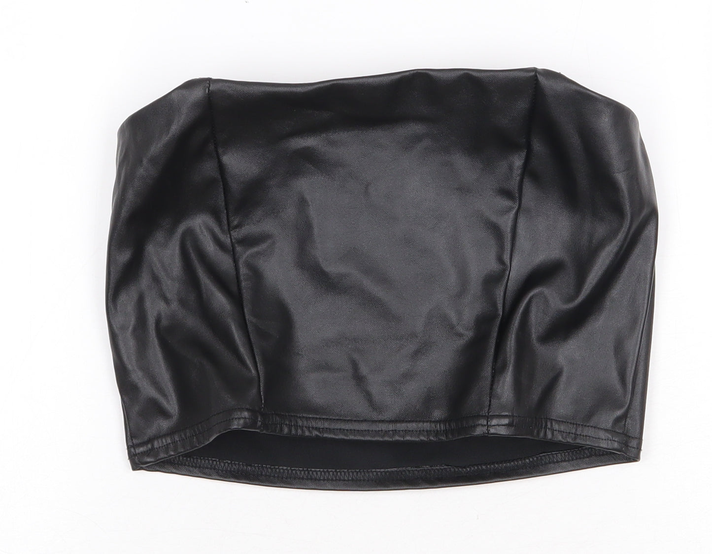 PRETTYLITTLETHING Womens Black Polyester Cropped Tank Size 8 Square Neck - Faux Leather
