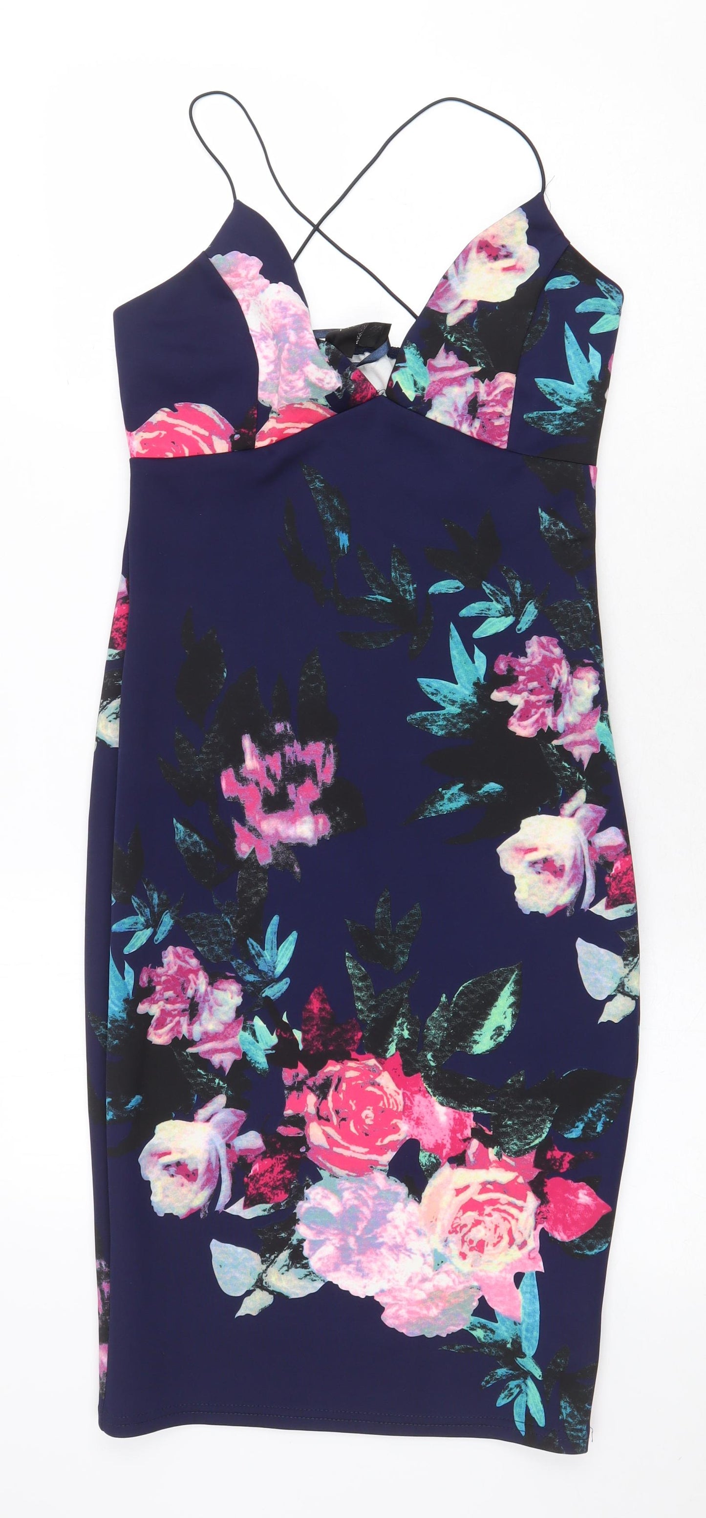 AX Paris Womens Blue Floral Polyester Bodycon Size 12 V-Neck Zip
