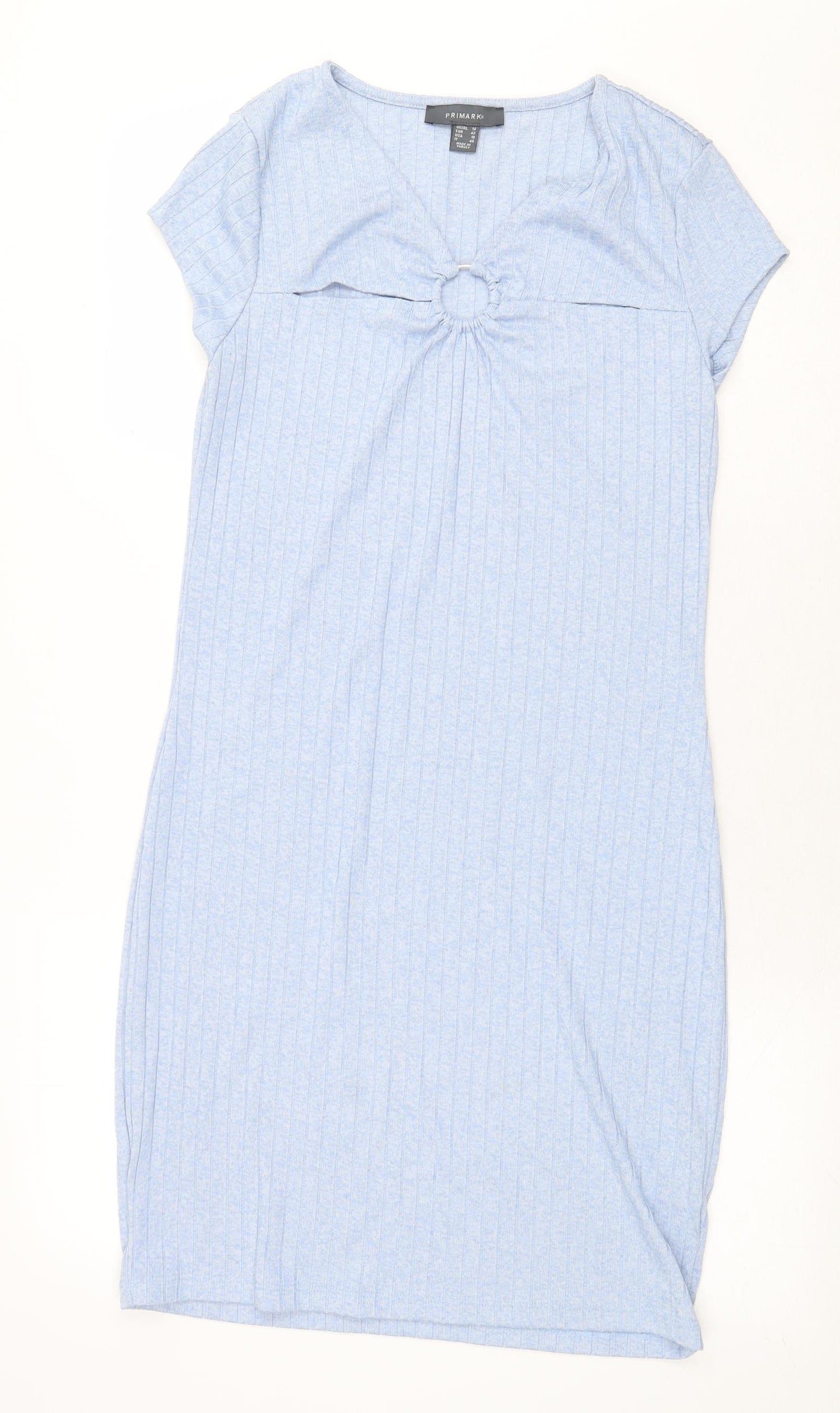 Primark Womens Blue Polyester T-Shirt Dress Size 14 V-Neck Pullover - Ribbed