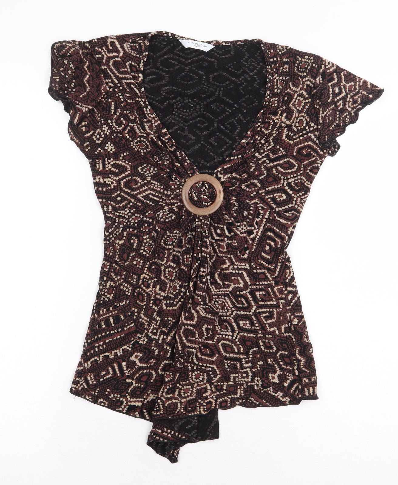 New Look Womens Brown Geometric Viscose Basic Blouse Size 8 V-Neck