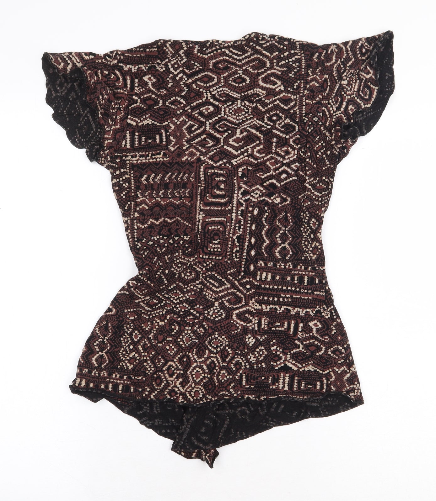 New Look Womens Brown Geometric Viscose Basic Blouse Size 8 V-Neck