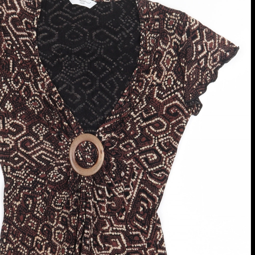 New Look Womens Brown Geometric Viscose Basic Blouse Size 8 V-Neck