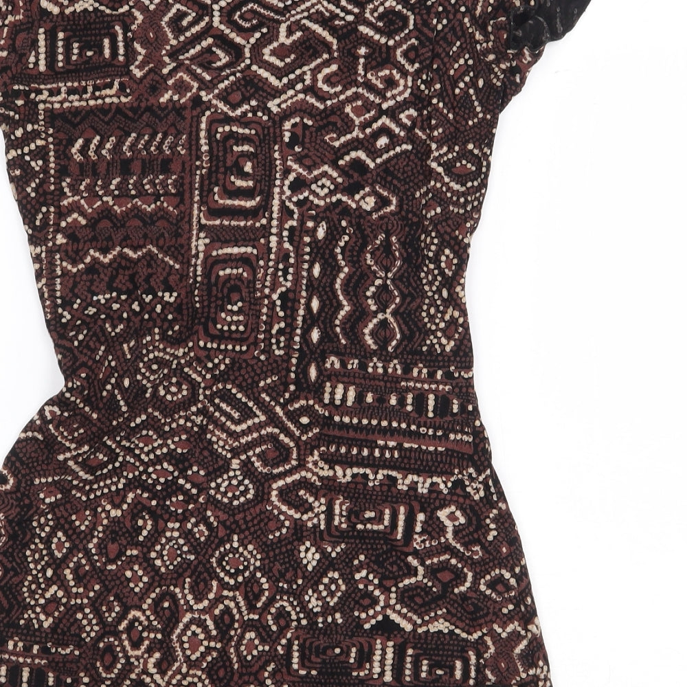 New Look Womens Brown Geometric Viscose Basic Blouse Size 8 V-Neck