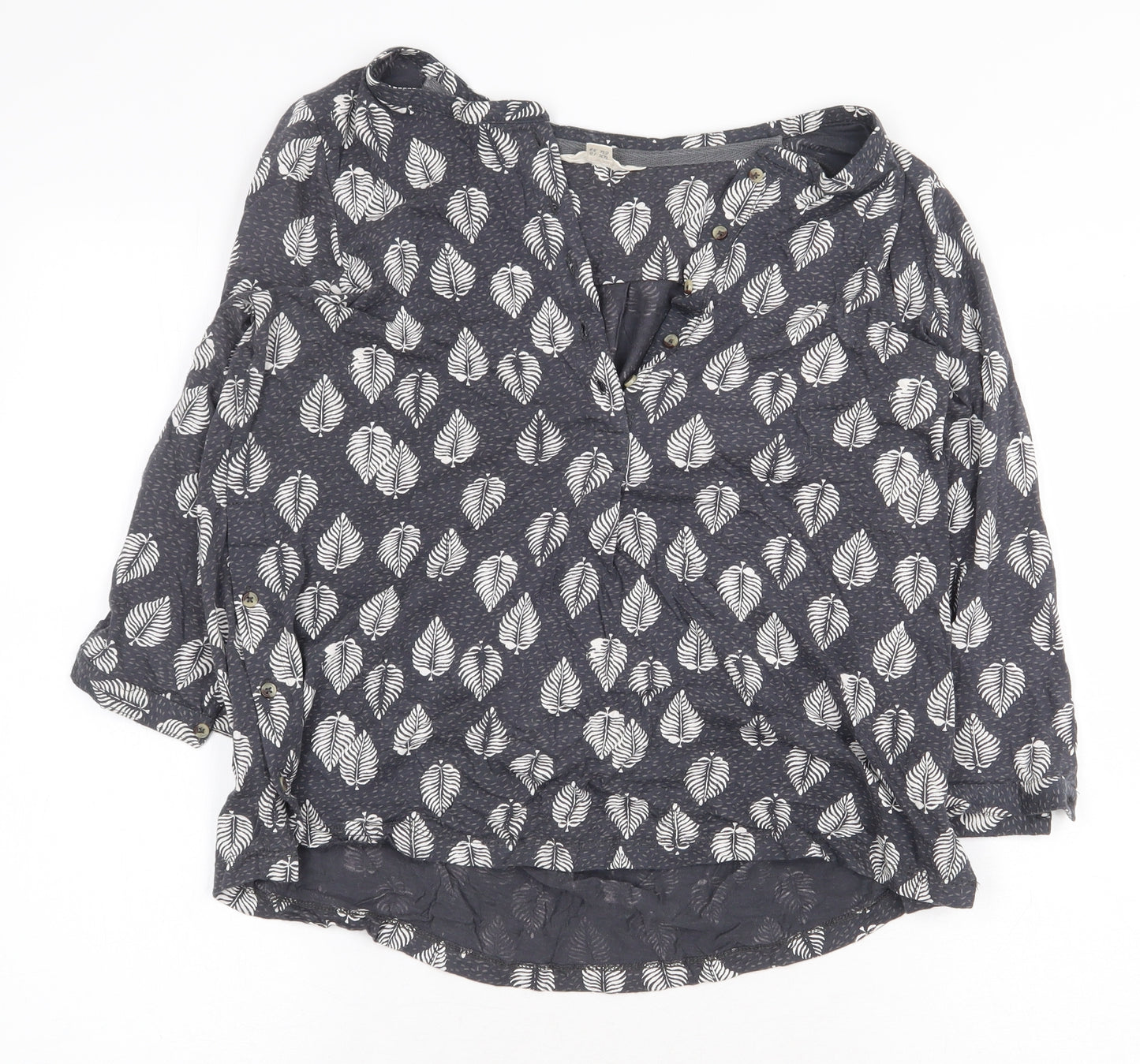 White Stuff Womens Grey Floral 100% Cotton Basic Blouse Size 10 V-Neck - Leaf Pattern
