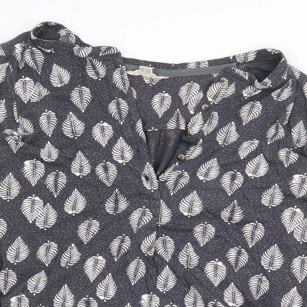 White Stuff Womens Grey Floral 100% Cotton Basic Blouse Size 10 V-Neck - Leaf Pattern