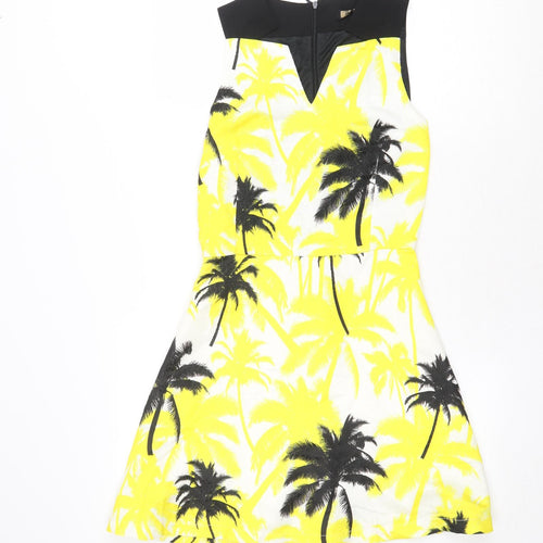 Classic Tricot Womens Yellow Geometric Polyester Fit & Flare Size S V-Neck Zip - Palm Trees
