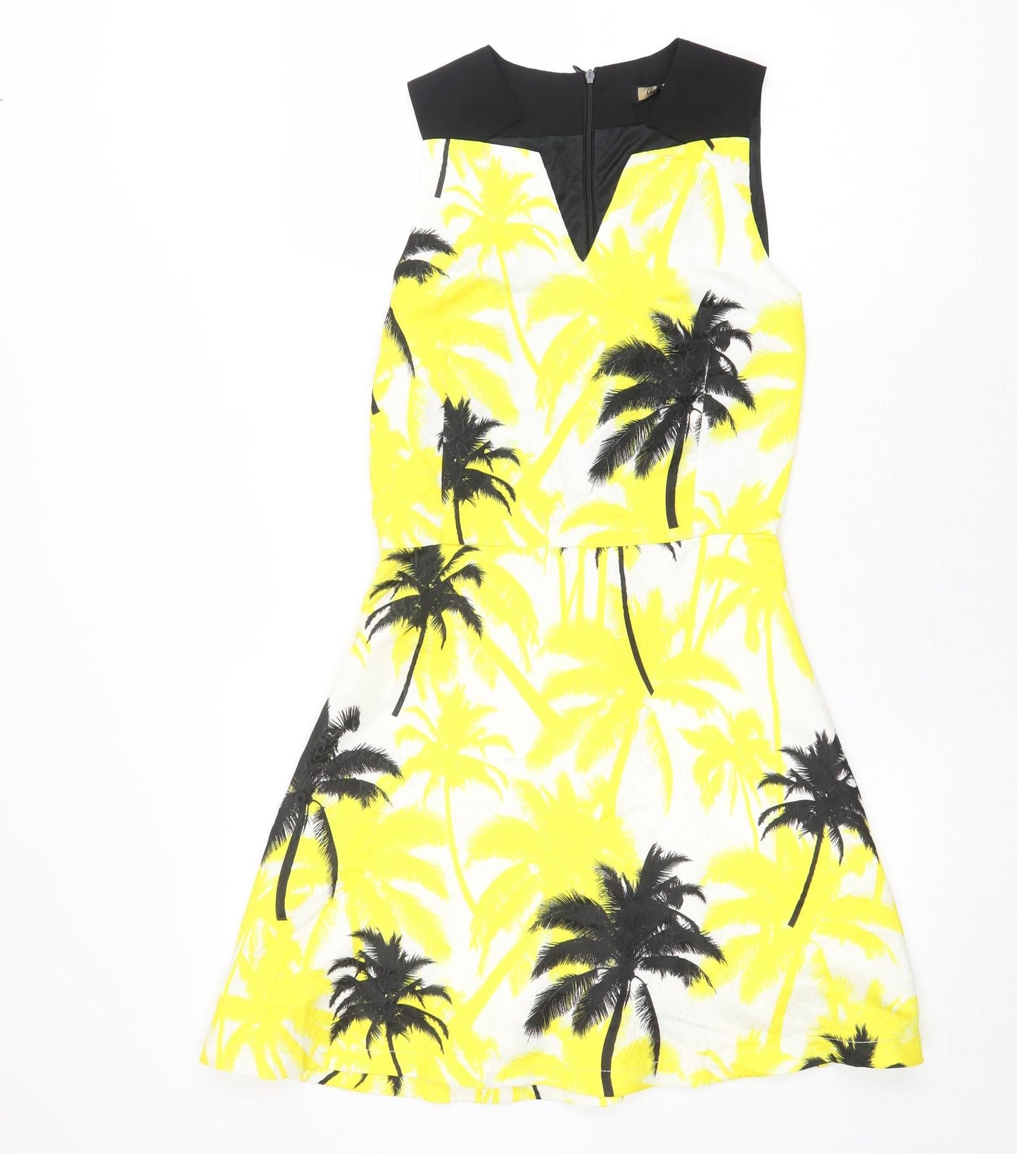 Classic Tricot Womens Yellow Geometric Polyester Fit & Flare Size S V-Neck Zip - Palm Trees