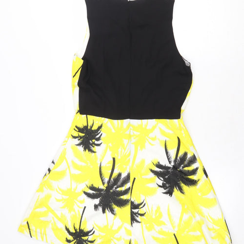 Classic Tricot Womens Yellow Geometric Polyester Fit & Flare Size S V-Neck Zip - Palm Trees